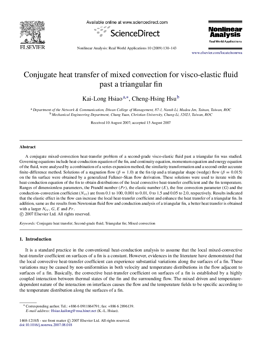 Conjugate heat transfer of mixed convection for visco-elastic fluid past a triangular fin