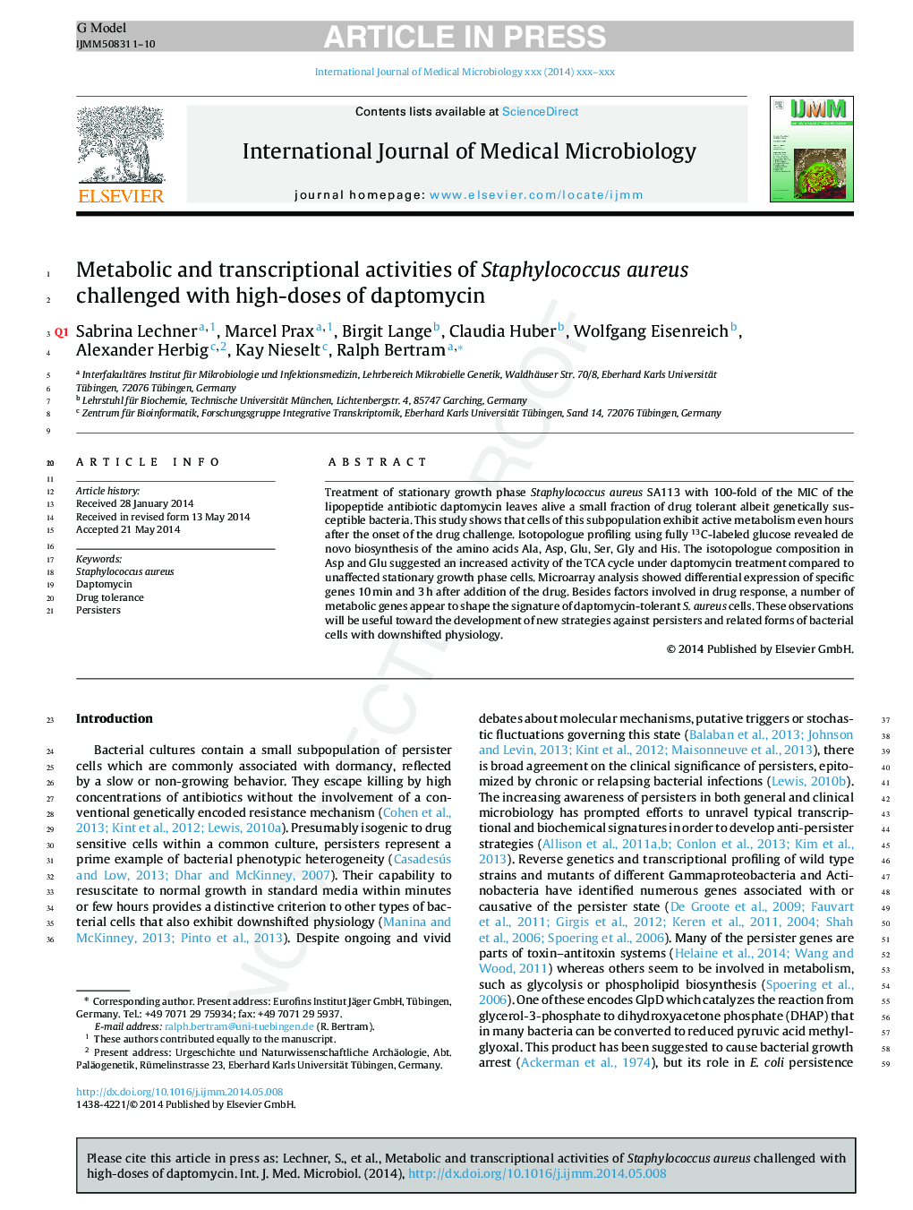 Metabolic and transcriptional activities of Staphylococcus aureus challenged with high-doses of daptomycin