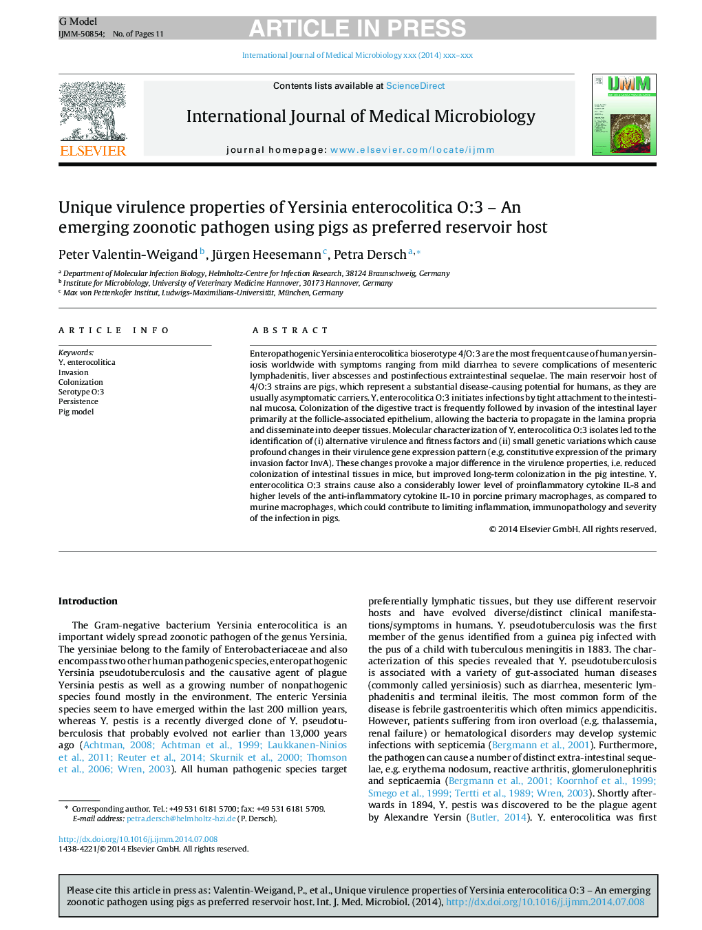 Unique virulence properties of Yersinia enterocolitica O:3 - An emerging zoonotic pathogen using pigs as preferred reservoir host