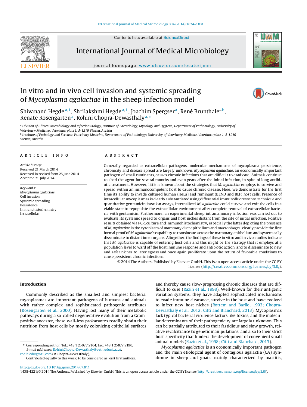 In vitro and in vivo cell invasion and systemic spreading of Mycoplasma agalactiae in the sheep infection model