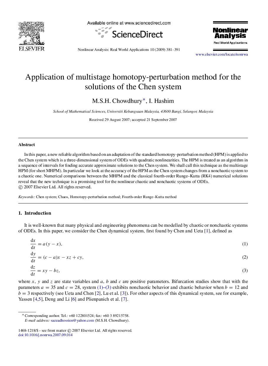 Application of multistage homotopy-perturbation method for the solutions of the Chen system