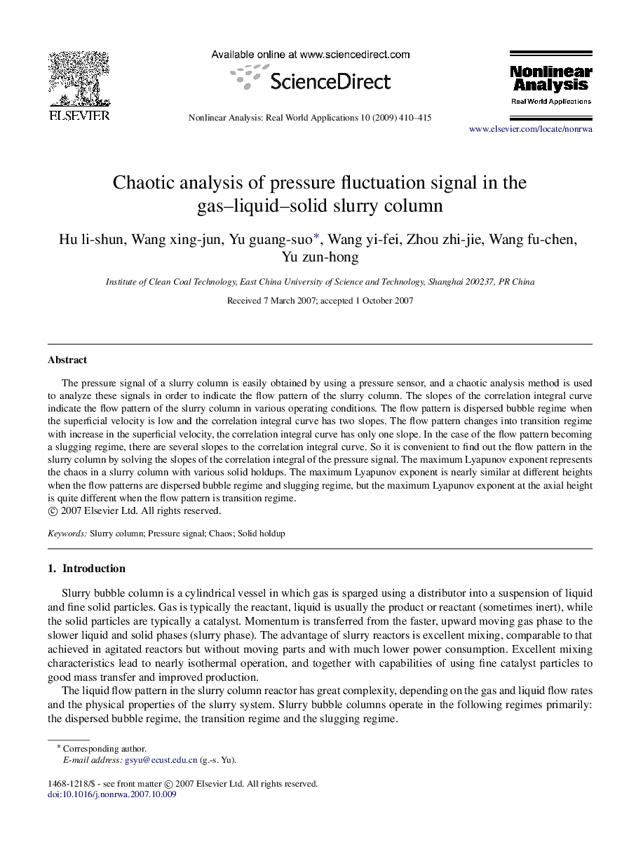 Chaotic analysis of pressure fluctuation signal in the gas–liquid–solid slurry column