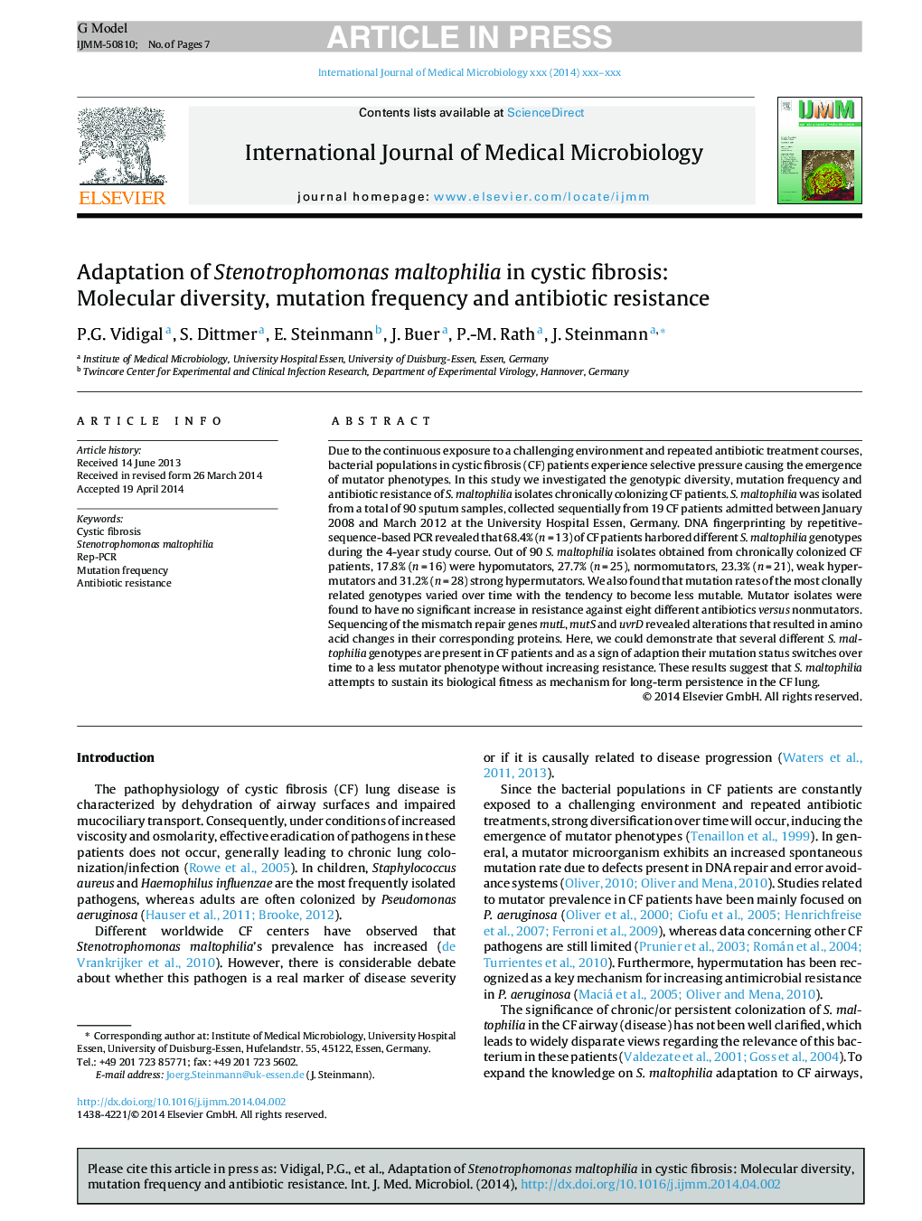 Adaptation of Stenotrophomonas maltophilia in cystic fibrosis: Molecular diversity, mutation frequency and antibiotic resistance