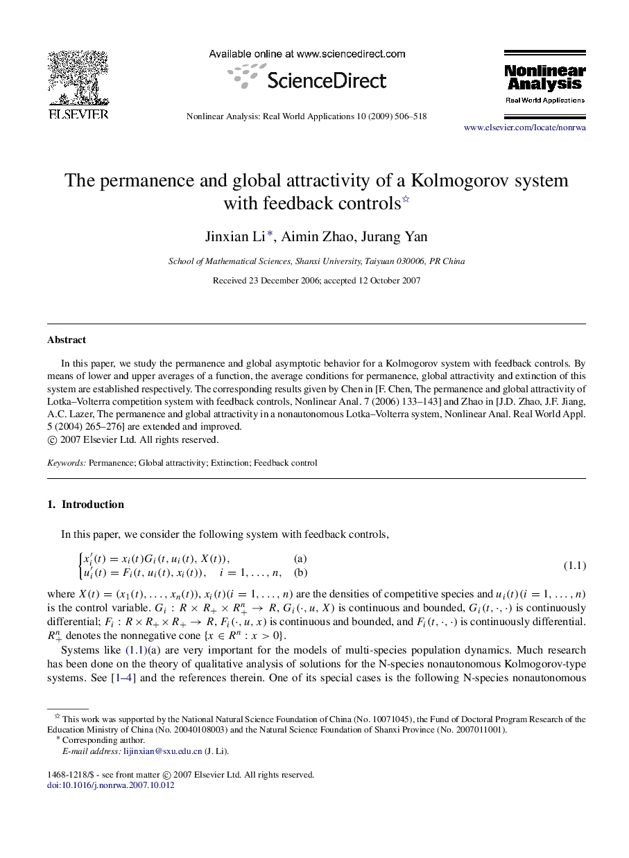 The permanence and global attractivity of a Kolmogorov system with feedback controls 