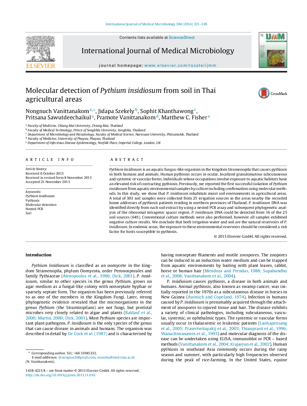 Molecular detection of Pythium insidiosum from soil in Thai agricultural areas