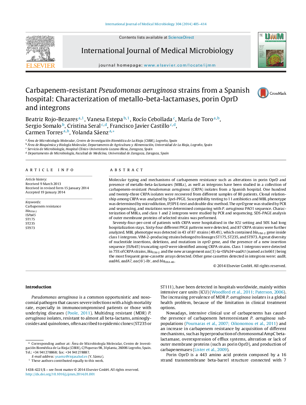 Carbapenem-resistant Pseudomonas aeruginosa strains from a Spanish hospital: Characterization of metallo-beta-lactamases, porin OprD and integrons