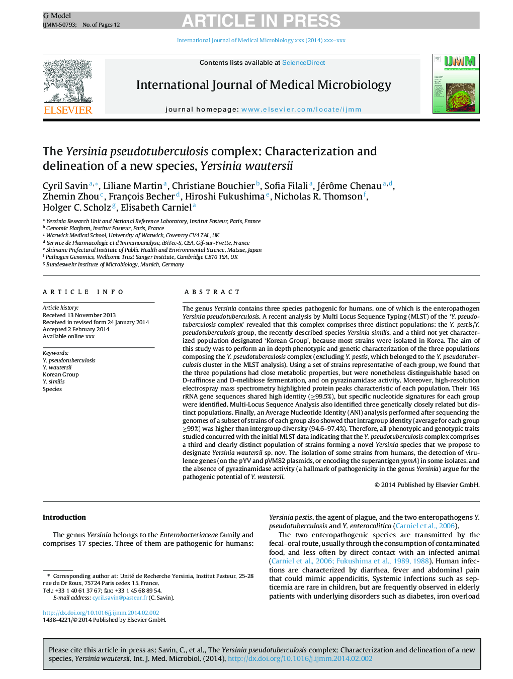 The Yersinia pseudotuberculosis complex: Characterization and delineation of a new species, Yersinia wautersii