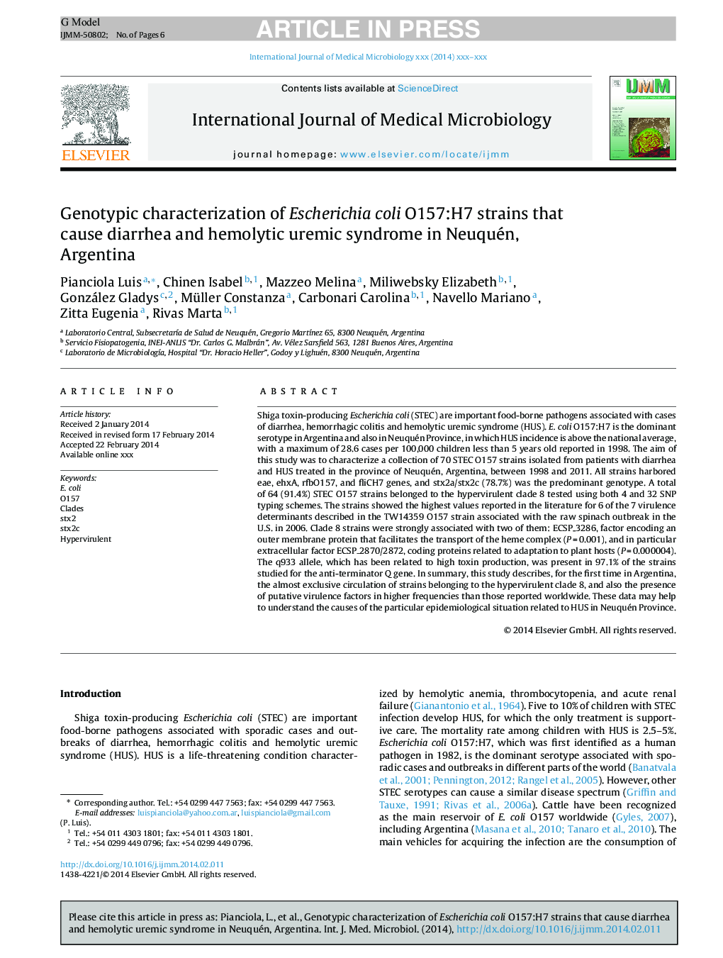 Genotypic characterization of Escherichia coli O157:H7 strains that cause diarrhea and hemolytic uremic syndrome in Neuquén, Argentina