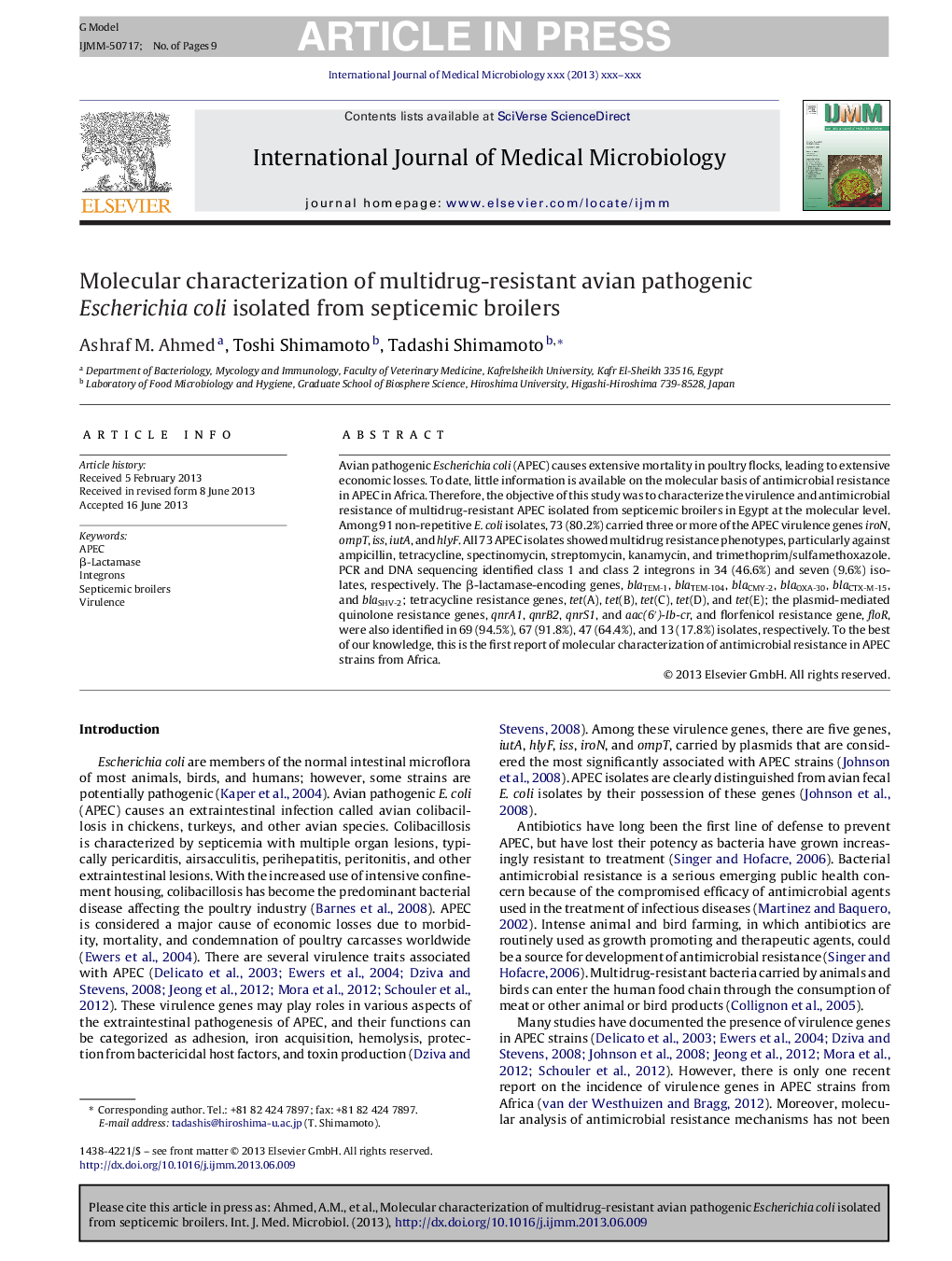 Molecular characterization of multidrug-resistant avian pathogenic Escherichia coli isolated from septicemic broilers