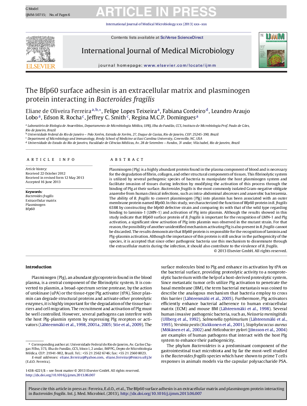 The Bfp60 surface adhesin is an extracellular matrix and plasminogen protein interacting in Bacteroides fragilis