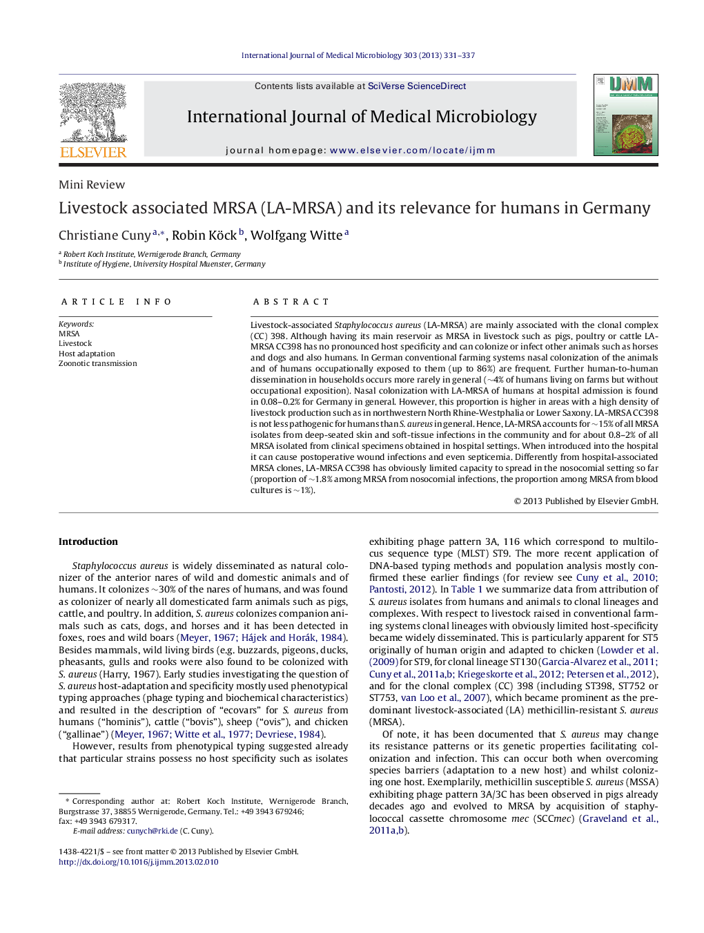 Livestock associated MRSA (LA-MRSA) and its relevance for humans in Germany