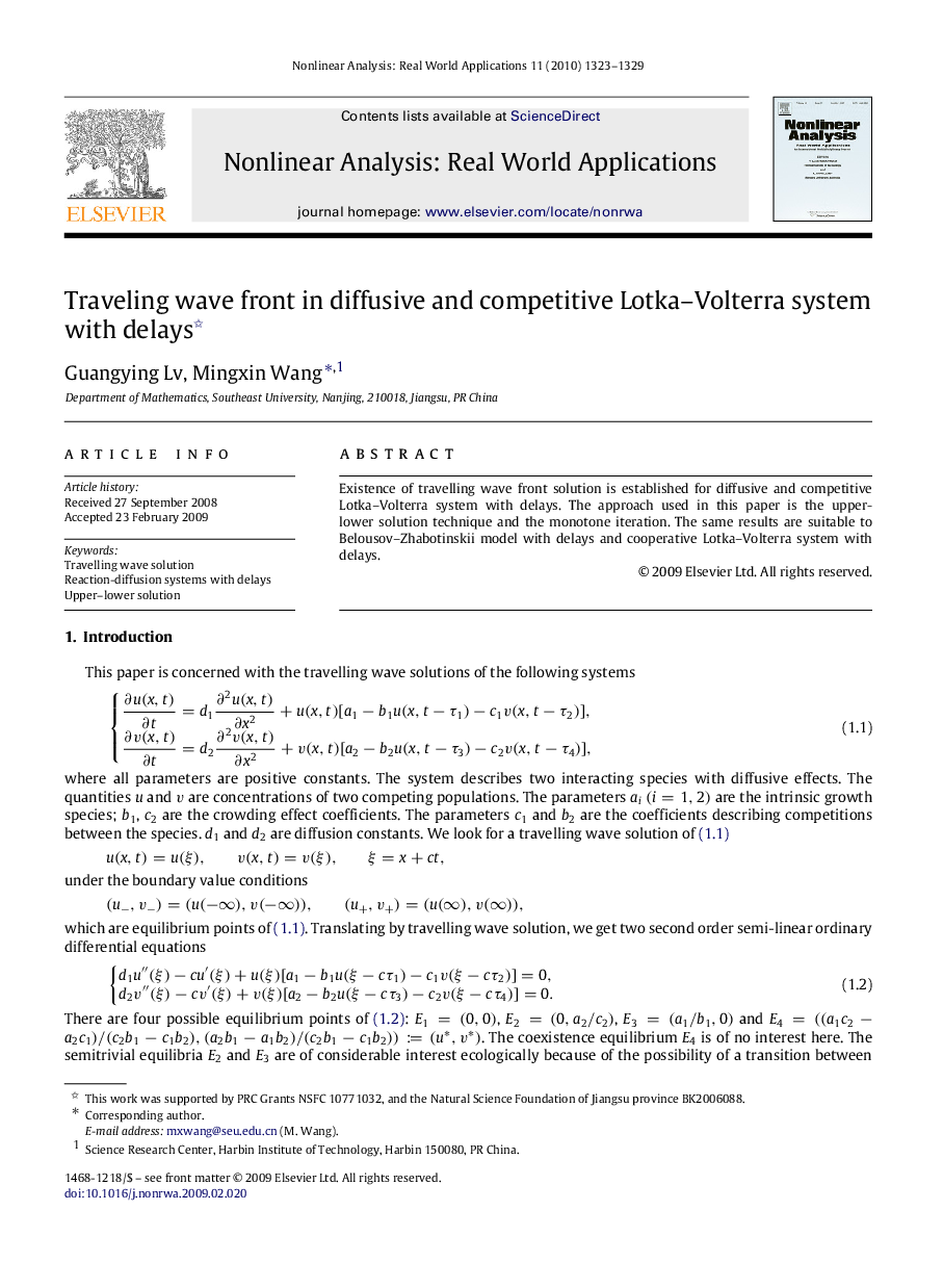 Traveling wave front in diffusive and competitive Lotka–Volterra system with delays 