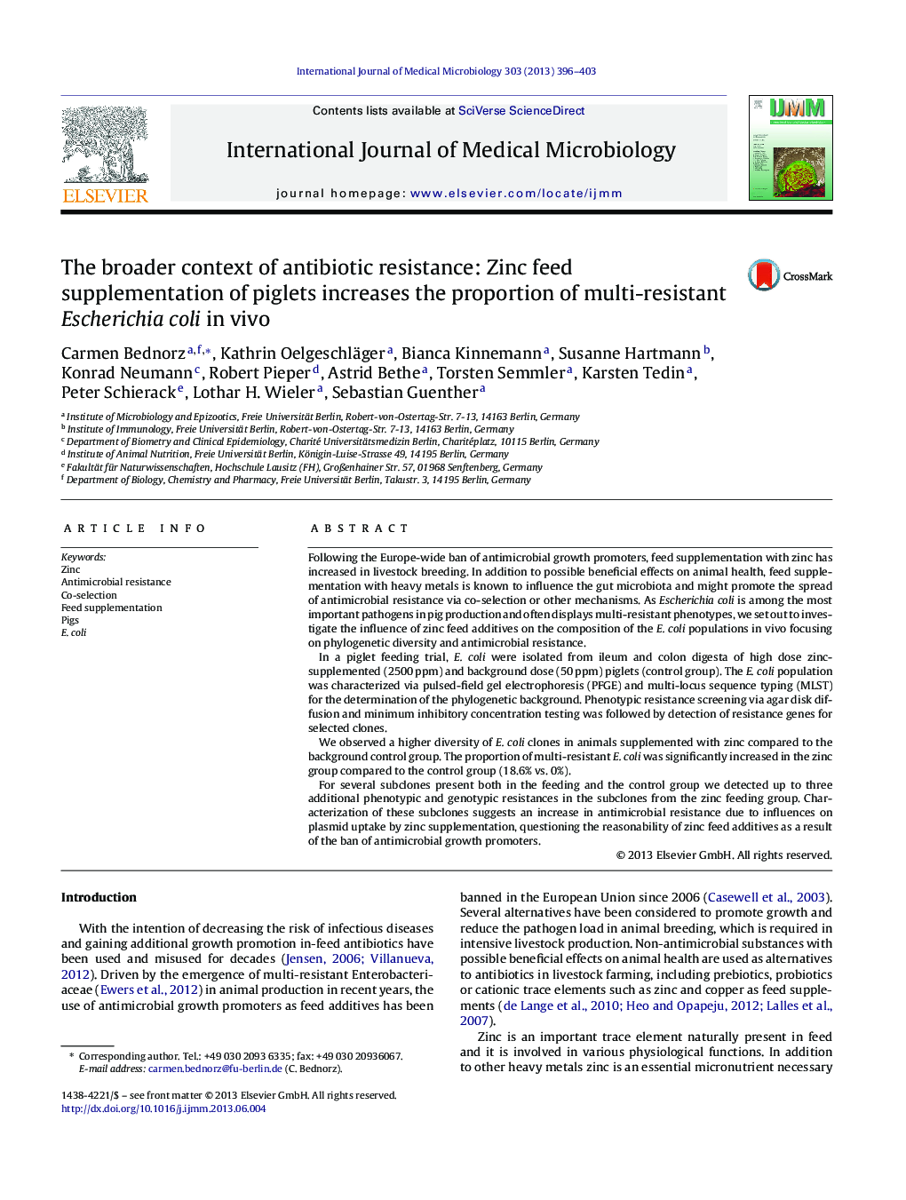 The broader context of antibiotic resistance: Zinc feed supplementation of piglets increases the proportion of multi-resistant Escherichia coli in vivo