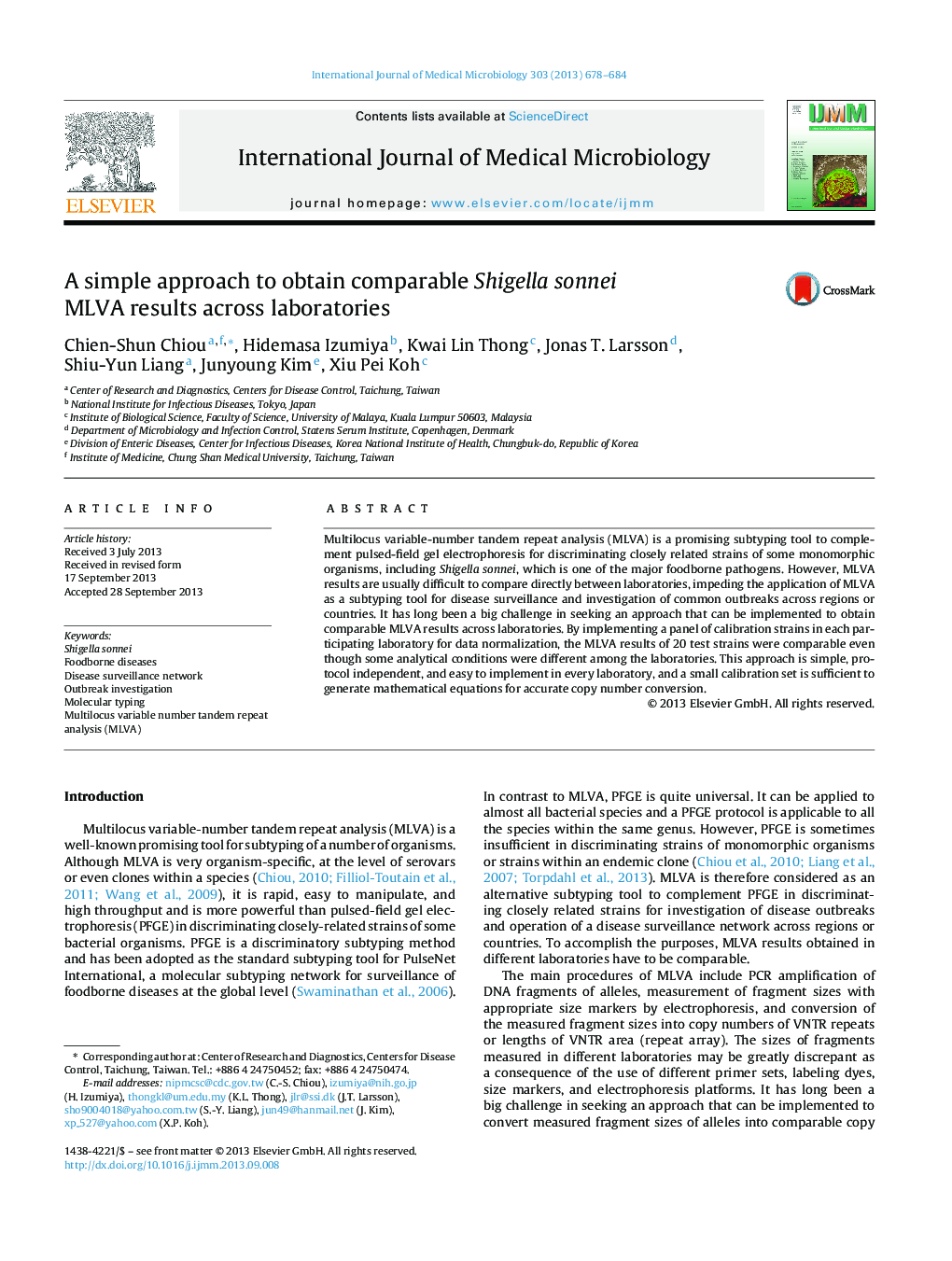 عکس صفحه اول مقاله: A simple approach to obtain comparable Shigella sonnei MLVA results across laboratories A simple approach to obtain comparable Shigella sonnei MLVA results across laboratories