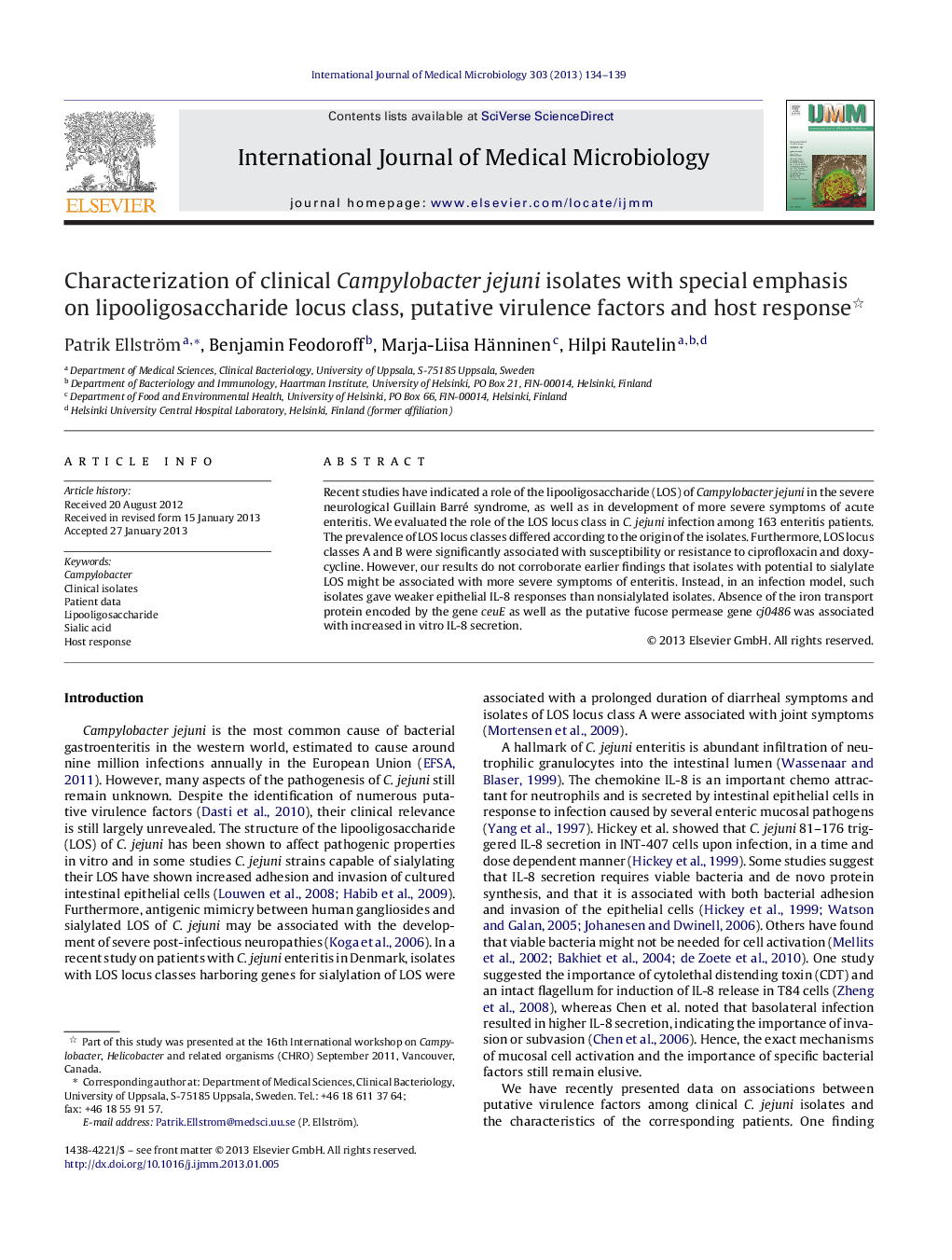 Characterization of clinical Campylobacter jejuni isolates with special emphasis on lipooligosaccharide locus class, putative virulence factors and host response