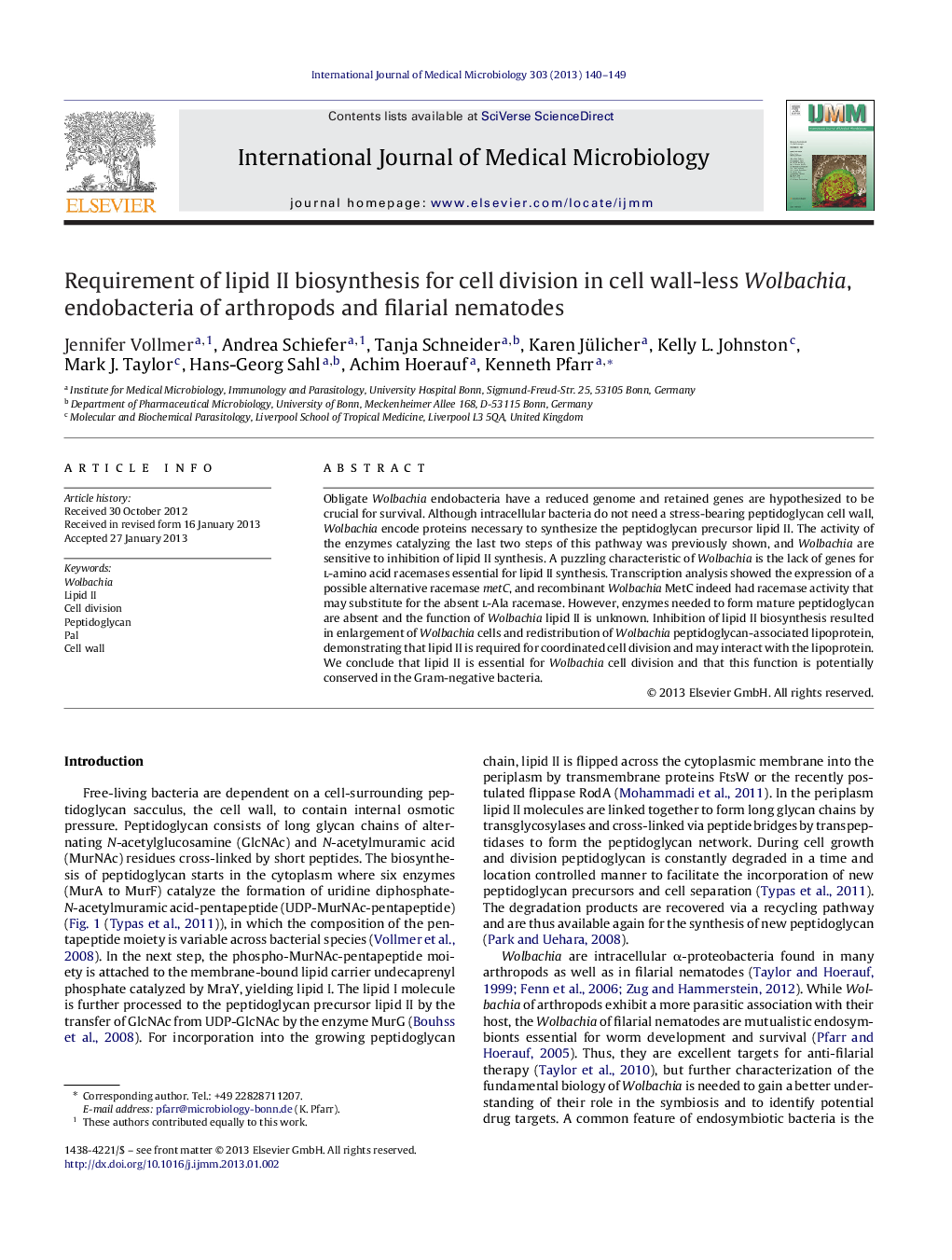 Requirement of lipid II biosynthesis for cell division in cell wall-less Wolbachia, endobacteria of arthropods and filarial nematodes