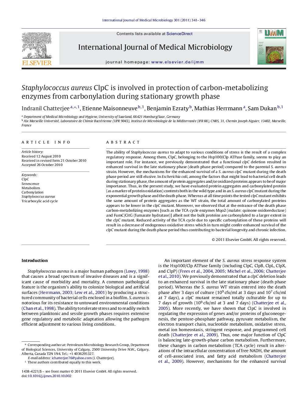 Staphylococcus aureus ClpC is involved in protection of carbon-metabolizing enzymes from carbonylation during stationary growth phase