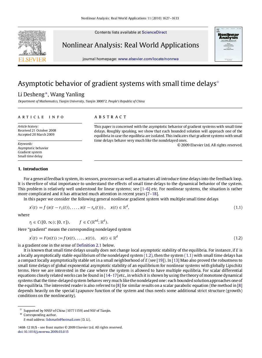 Asymptotic behavior of gradient systems with small time delays 