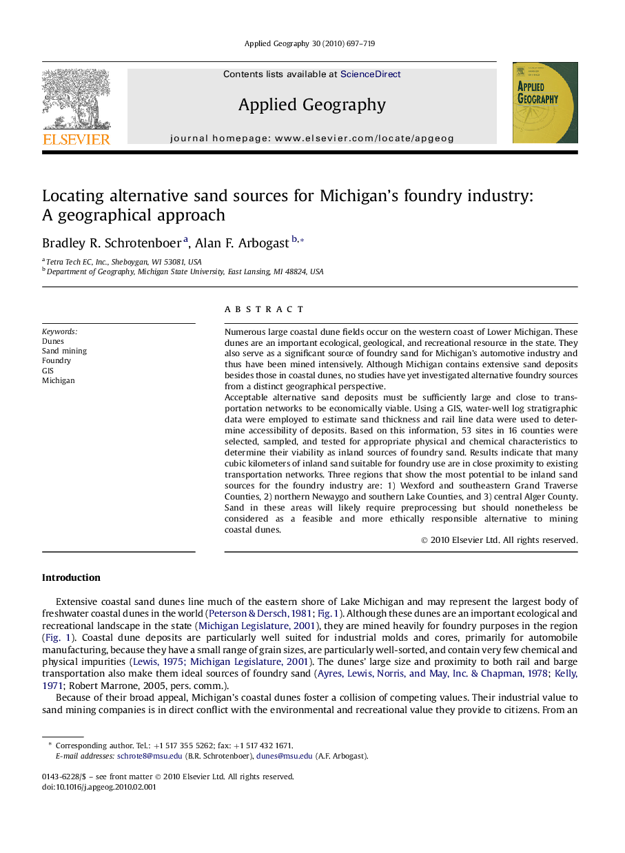 Locating alternative sand sources for Michigan's foundry industry: A geographical approach