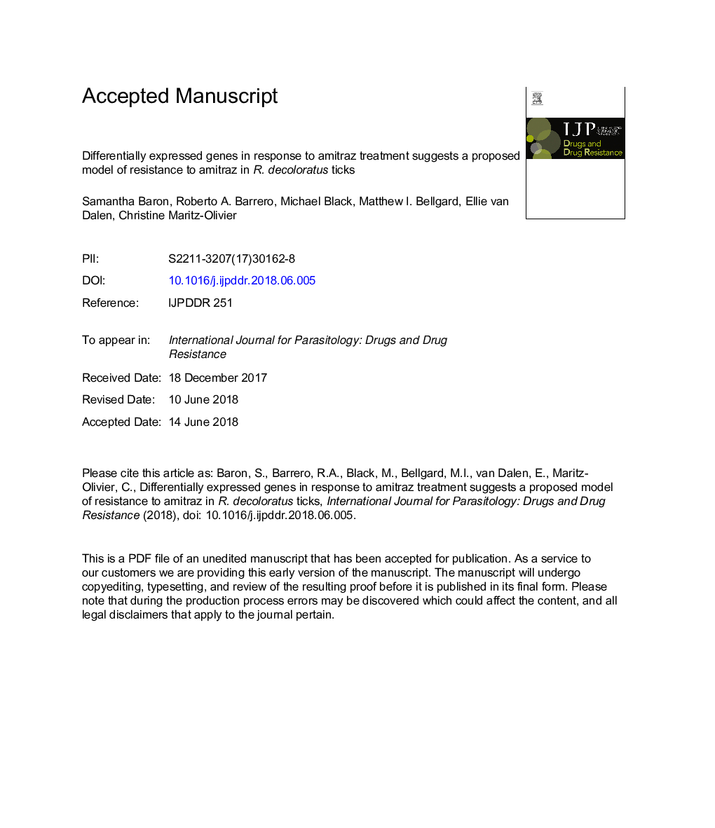 Differentially expressed genes in response to amitraz treatment suggests a proposed model of resistance to amitraz in R. decoloratus ticks