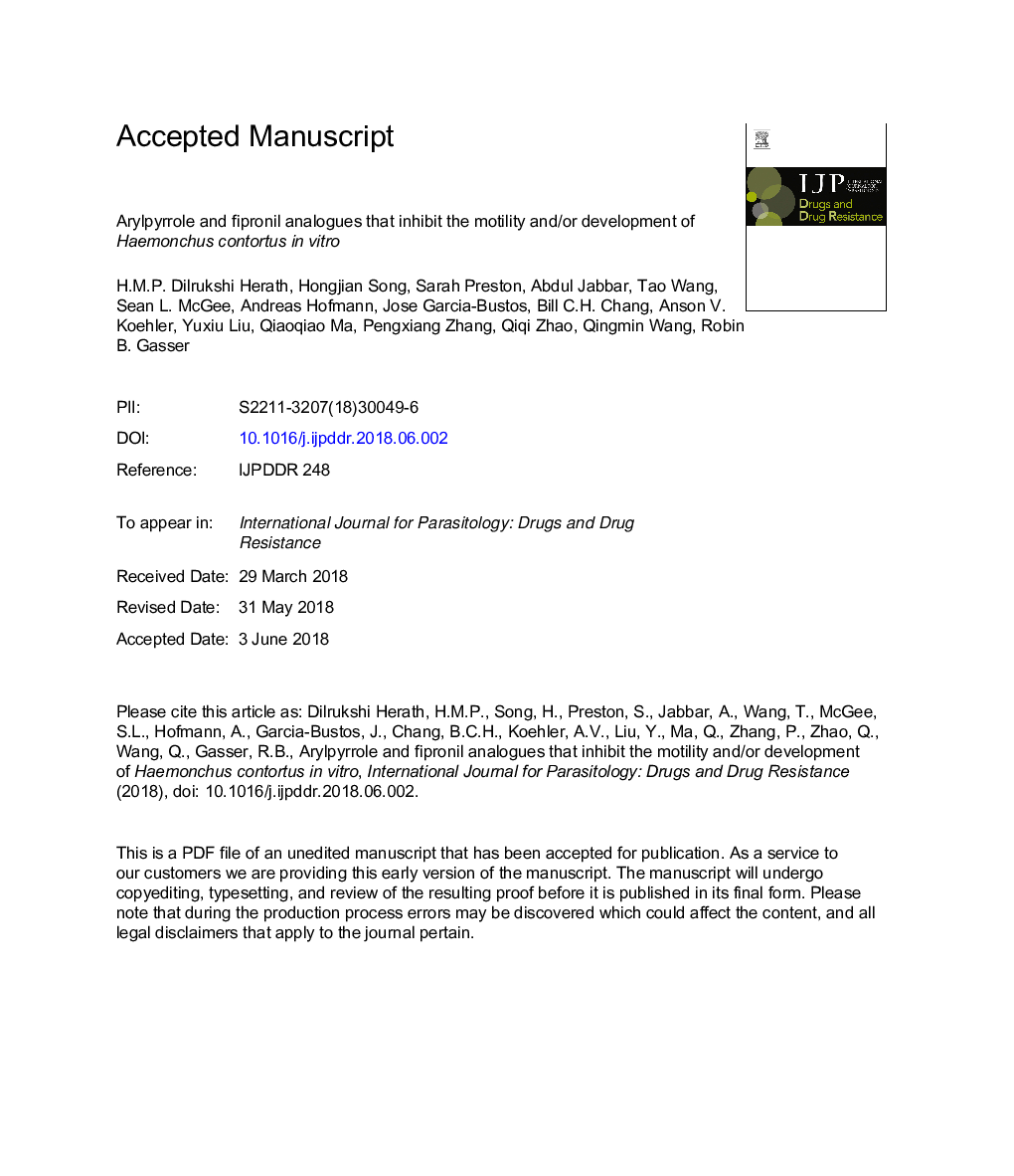 Arylpyrrole and fipronil analogues that inhibit the motility and/or development of Haemonchus contortus in vitro