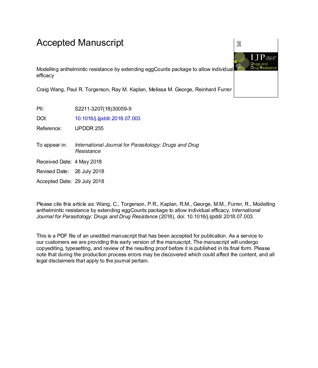 Modelling anthelmintic resistance by extending eggCounts package to allow individual efficacy