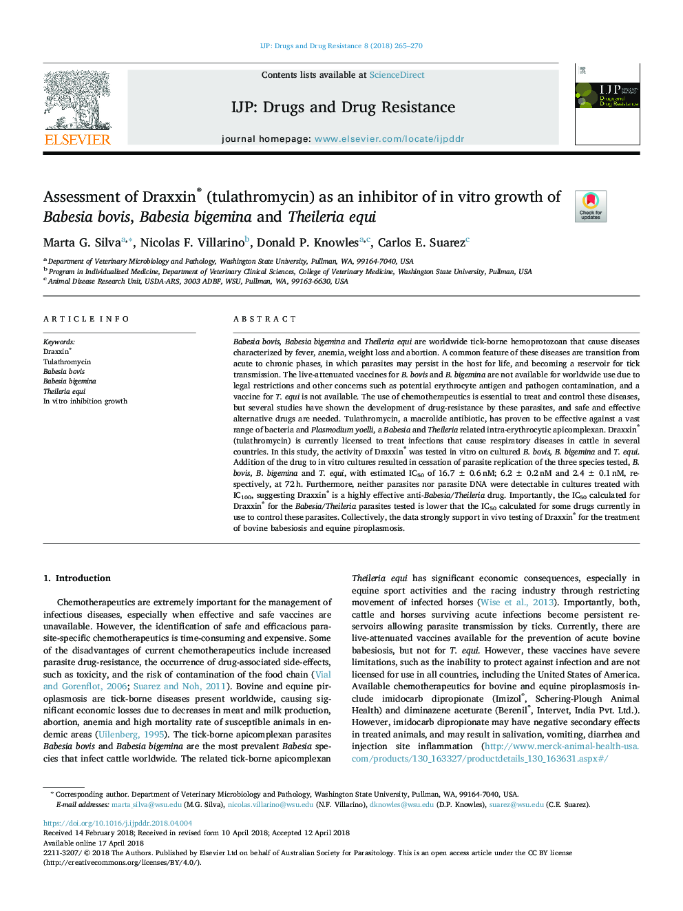 Assessment of Draxxin® (tulathromycin) as an inhibitor of in vitro growth of Babesia bovis, Babesia bigemina and Theileria equi