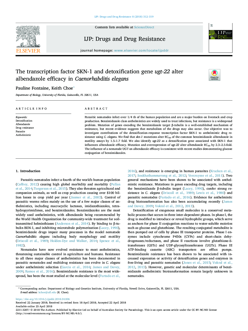 The transcription factor SKN-1 and detoxification gene ugt-22 alter albendazole efficacy in Caenorhabditis elegans