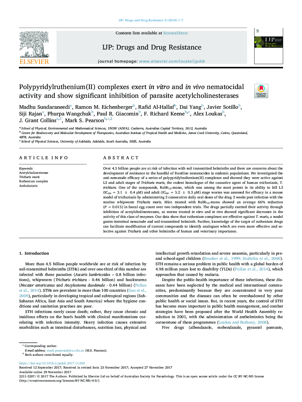 Polypyridylruthenium(II) complexes exert in vitro and in vivo nematocidal activity and show significant inhibition of parasite acetylcholinesterases