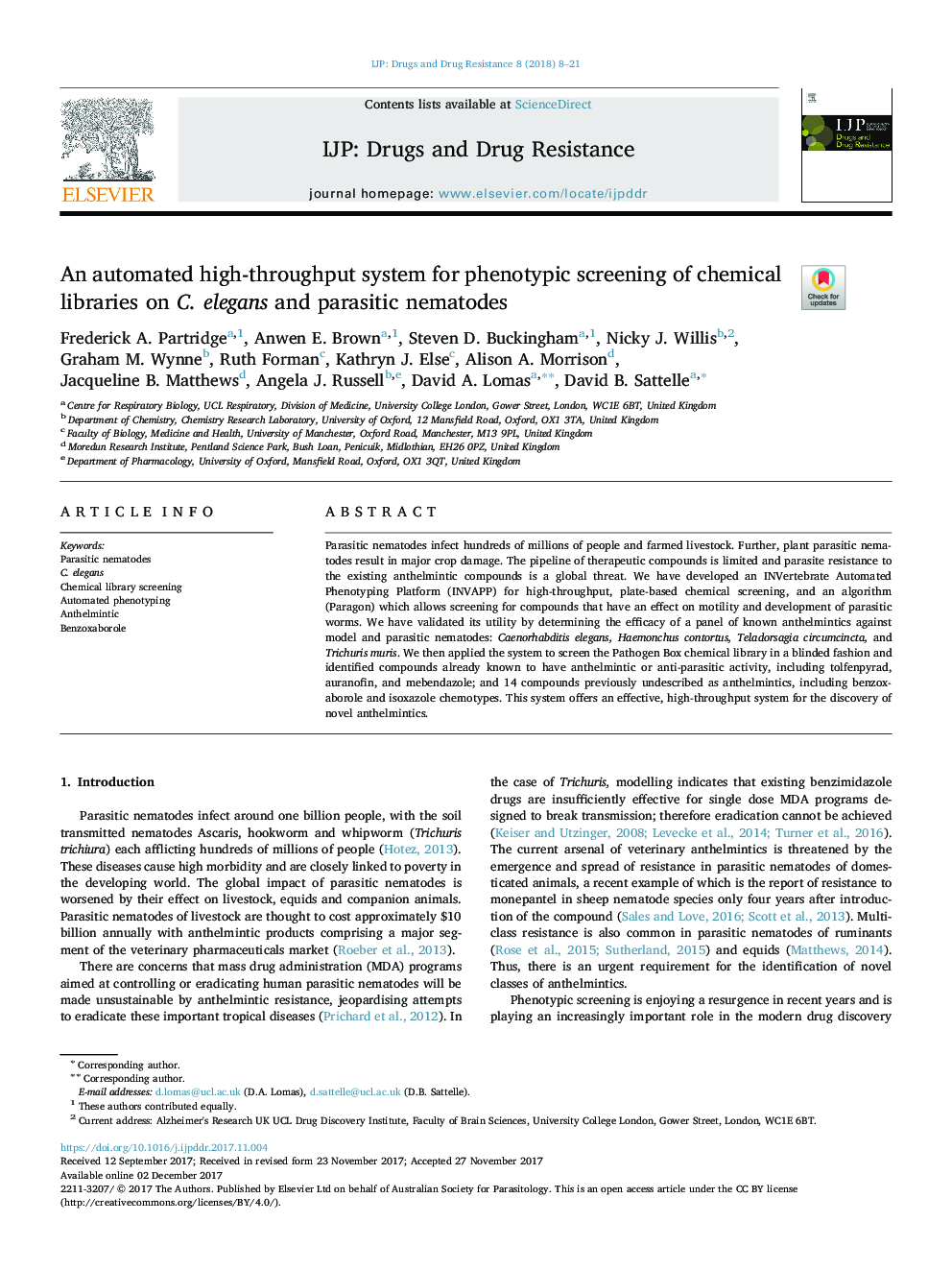 An automated high-throughput system for phenotypic screening of chemical libraries on C. elegans and parasitic nematodes