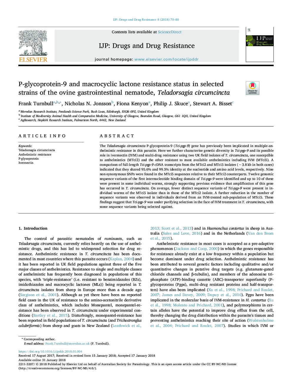 P-glycoprotein-9 and macrocyclic lactone resistance status in selected strains of the ovine gastrointestinal nematode, Teladorsagia circumcincta