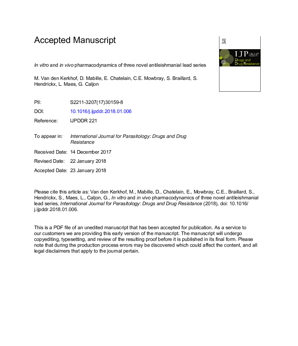 In vitro and in vivo pharmacodynamics of three novel antileishmanial lead series