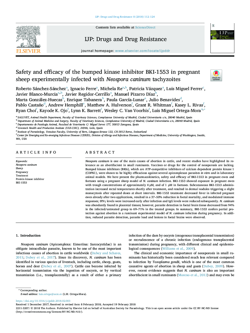 Safety and efficacy of the bumped kinase inhibitor BKI-1553 in pregnant sheep experimentally infected with Neospora caninum tachyzoites