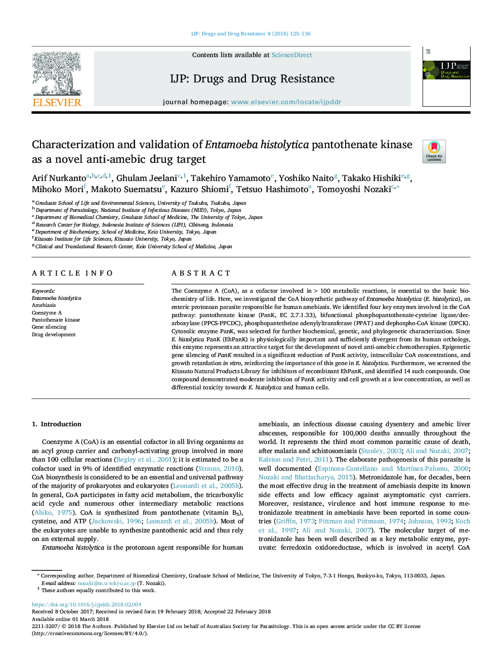 Characterization and validation of Entamoeba histolytica pantothenate kinase as a novel anti-amebic drug target