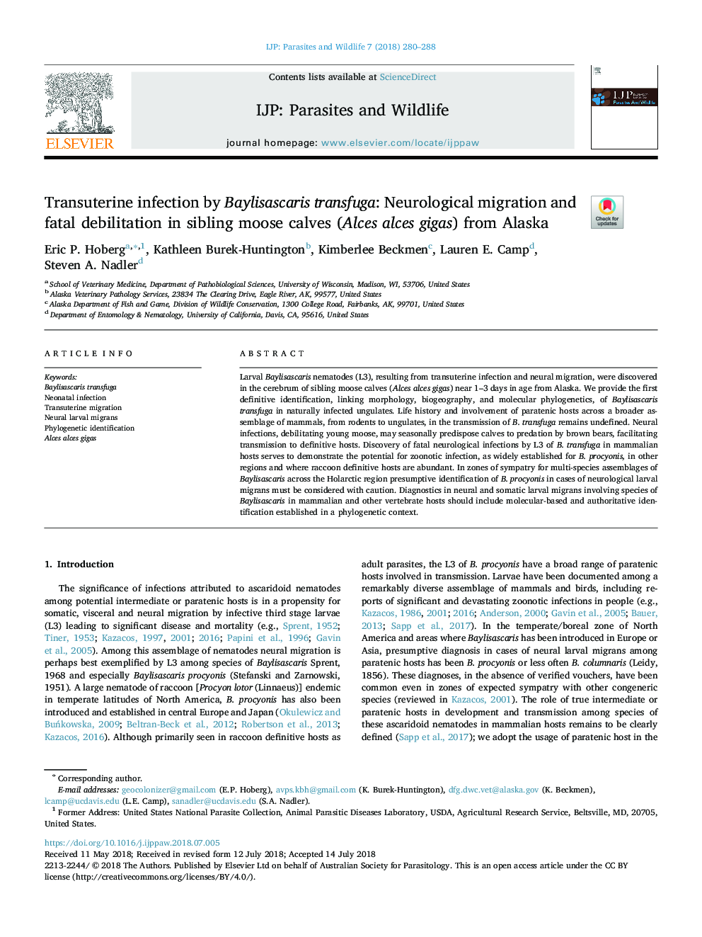 Transuterine infection by Baylisascaris transfuga: Neurological migration and fatal debilitation in sibling moose calves (Alces alces gigas) from Alaska