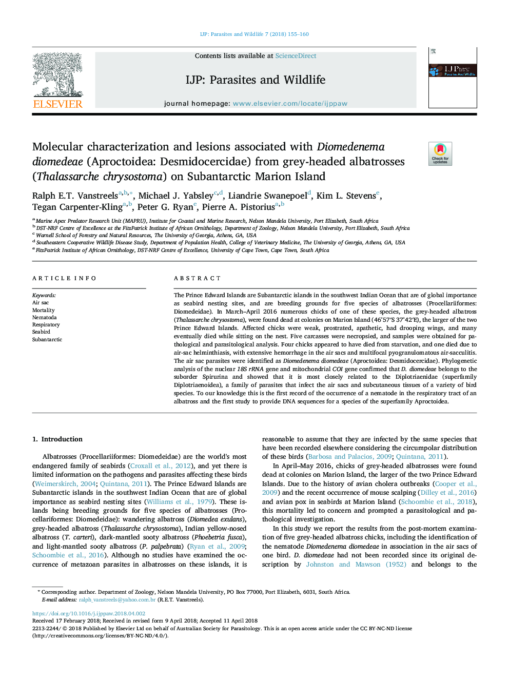 Molecular characterization and lesions associated with Diomedenema diomedeae (Aproctoidea: Desmidocercidae) from grey-headed albatrosses (Thalassarche chrysostoma) on Subantarctic Marion Island