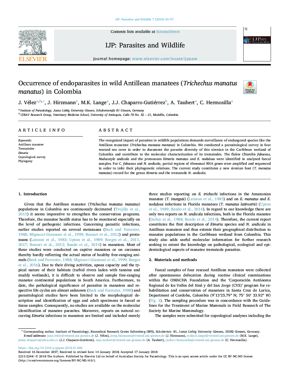 Occurrence of endoparasites in wild Antillean manatees (Trichechus manatus manatus) in Colombia