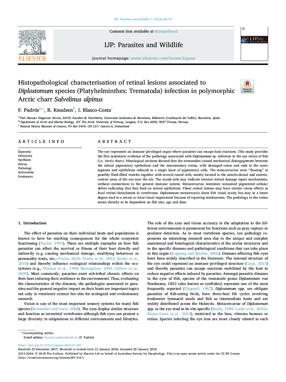 Histopathological characterisation of retinal lesions associated to Diplostomum species (Platyhelminthes: Trematoda) infection in polymorphic Arctic charr Salvelinus alpinus