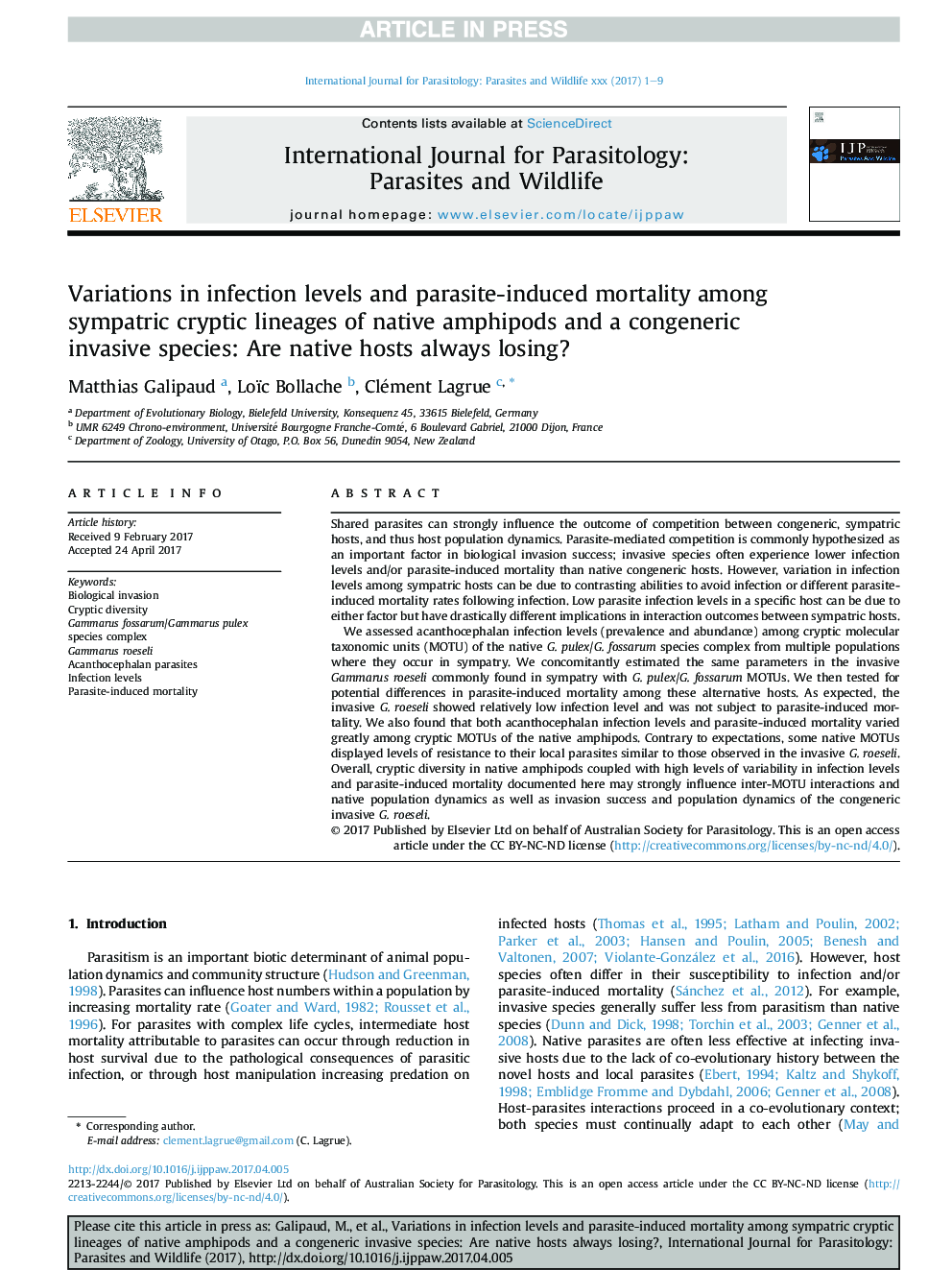 Variations in infection levels and parasite-induced mortality among sympatric cryptic lineages of native amphipods and a congeneric invasive species: Are native hosts always losing?