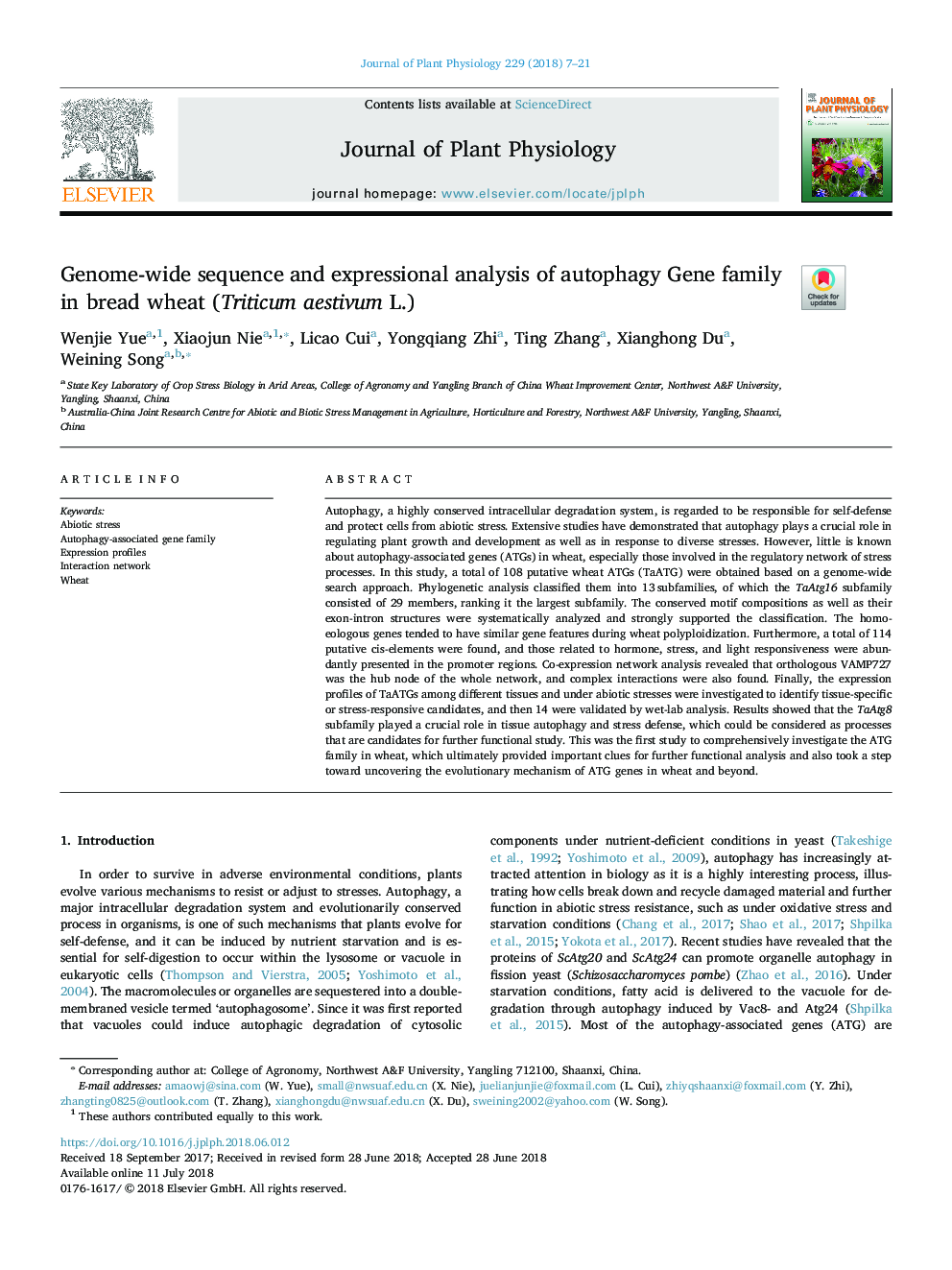 عکس صفحه اول مقاله: Genome-wide sequence and expressional analysis of autophagy Gene family in bread wheat (Triticum aestivum L.) Genome-wide sequence and expressional analysis of autophagy Gene family in bread wheat (Triticum aestivum L.)