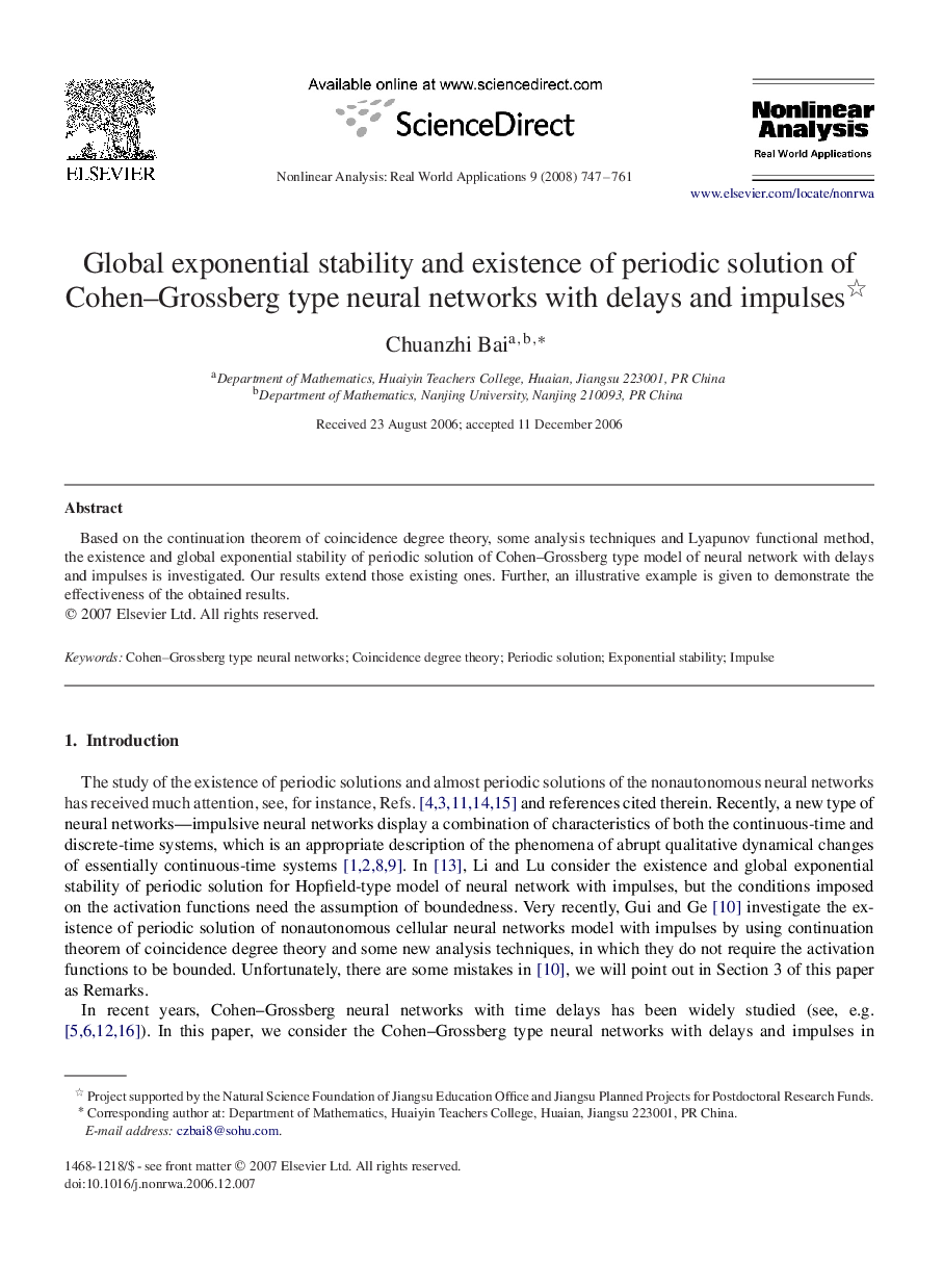 Global exponential stability and existence of periodic solution of Cohen–Grossberg type neural networks with delays and impulses 