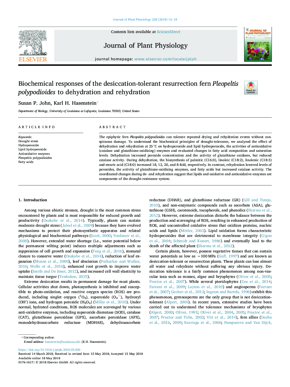 Biochemical responses of the desiccation-tolerant resurrection fern Pleopeltis polypodioides to dehydration and rehydration