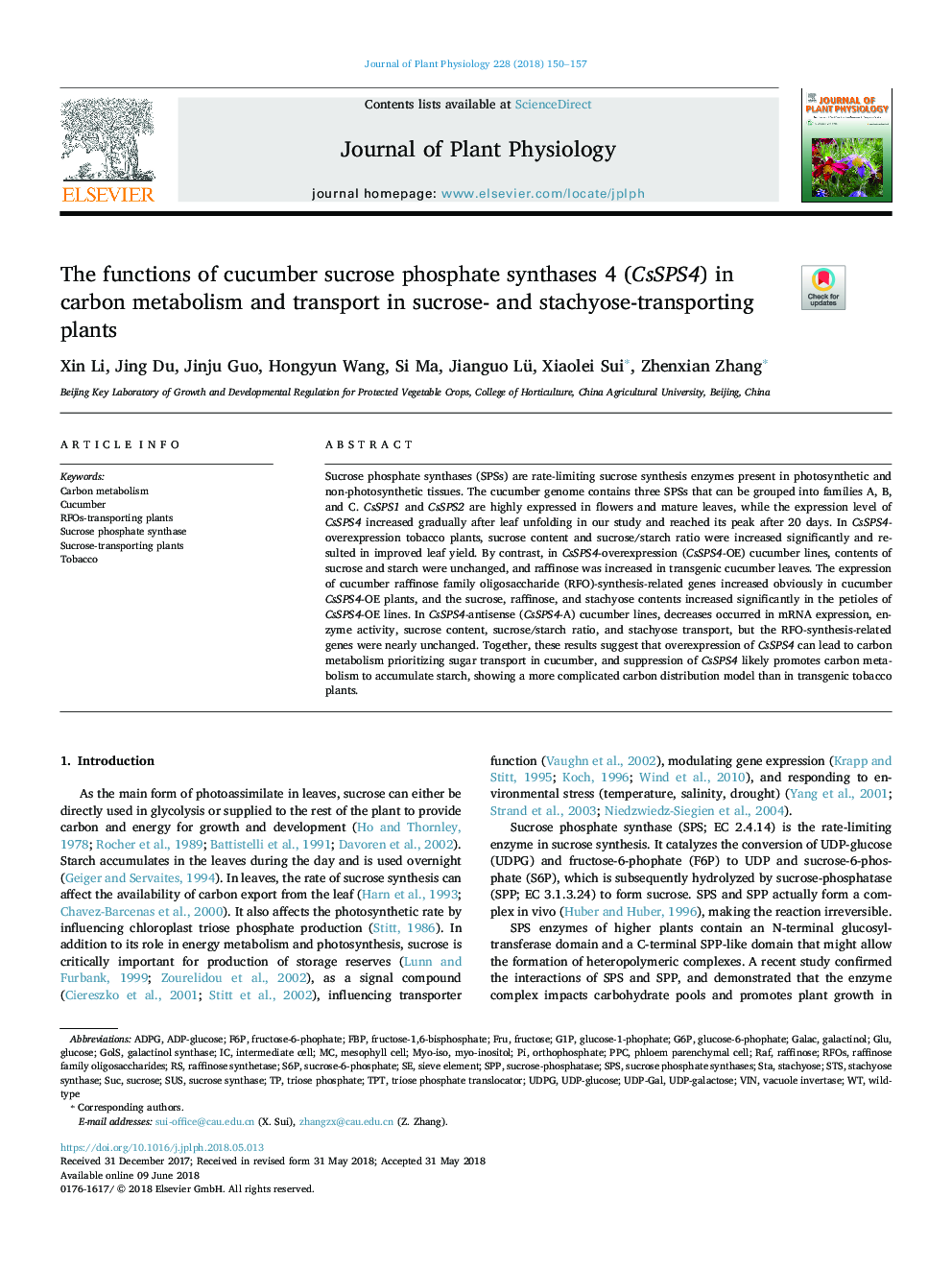 The functions of cucumber sucrose phosphate synthases 4 (CsSPS4) in carbon metabolism and transport in sucrose- and stachyose-transporting plants