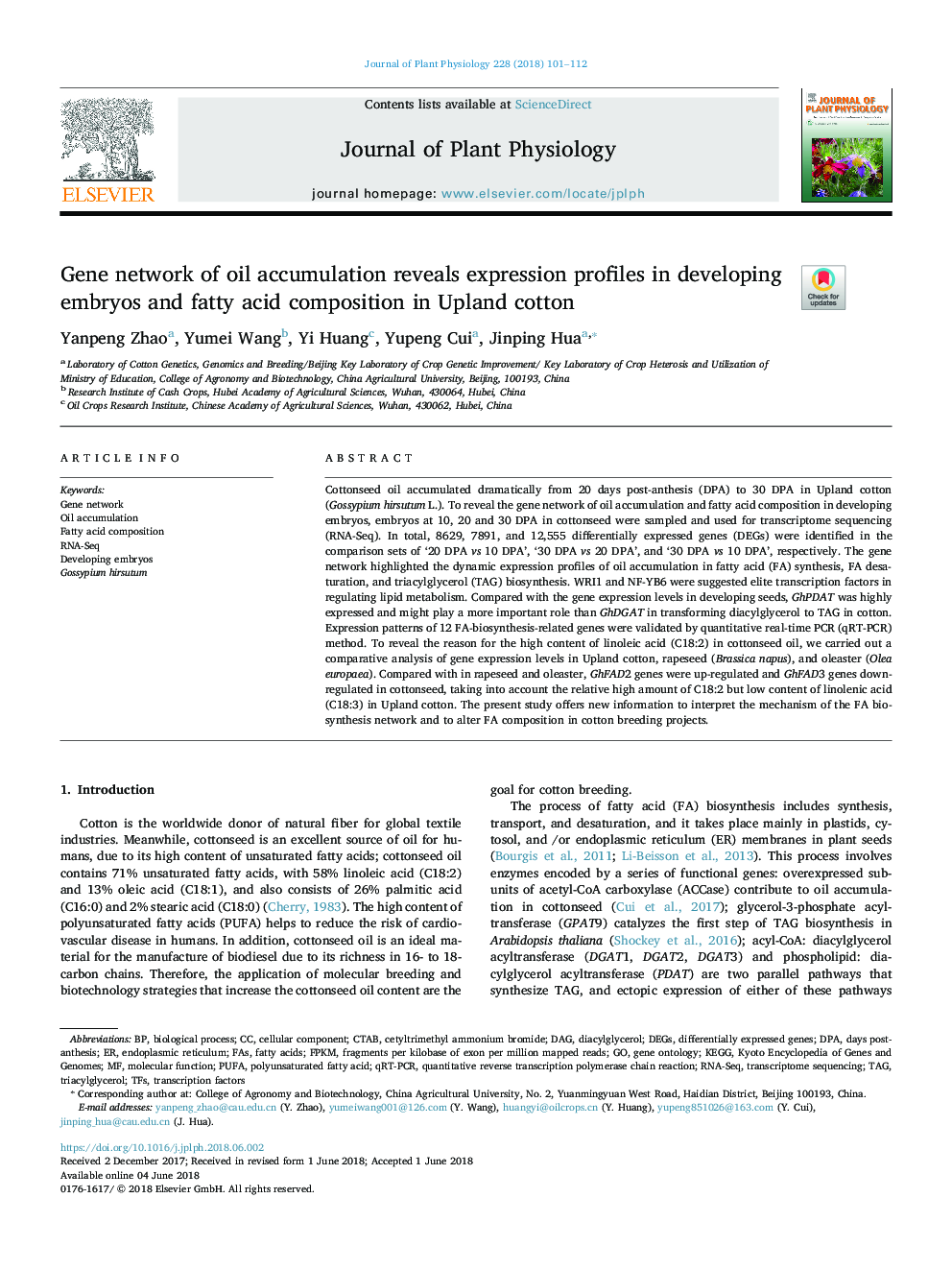 Gene network of oil accumulation reveals expression profiles in developing embryos and fatty acid composition in Upland cotton