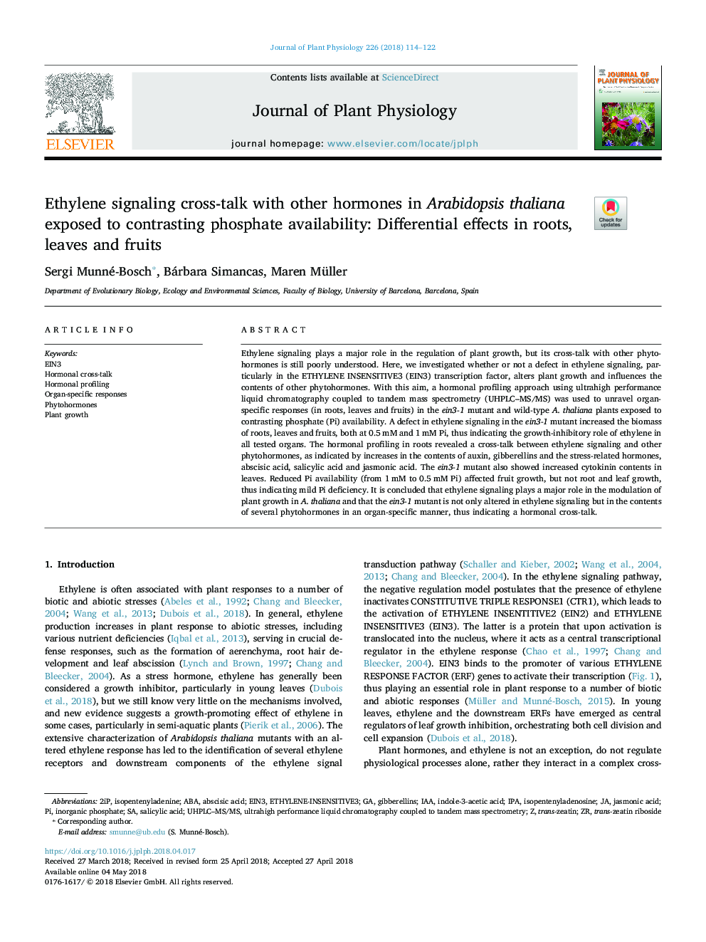 Ethylene signaling cross-talk with other hormones in Arabidopsis thaliana exposed to contrasting phosphate availability: Differential effects in roots, leaves and fruits