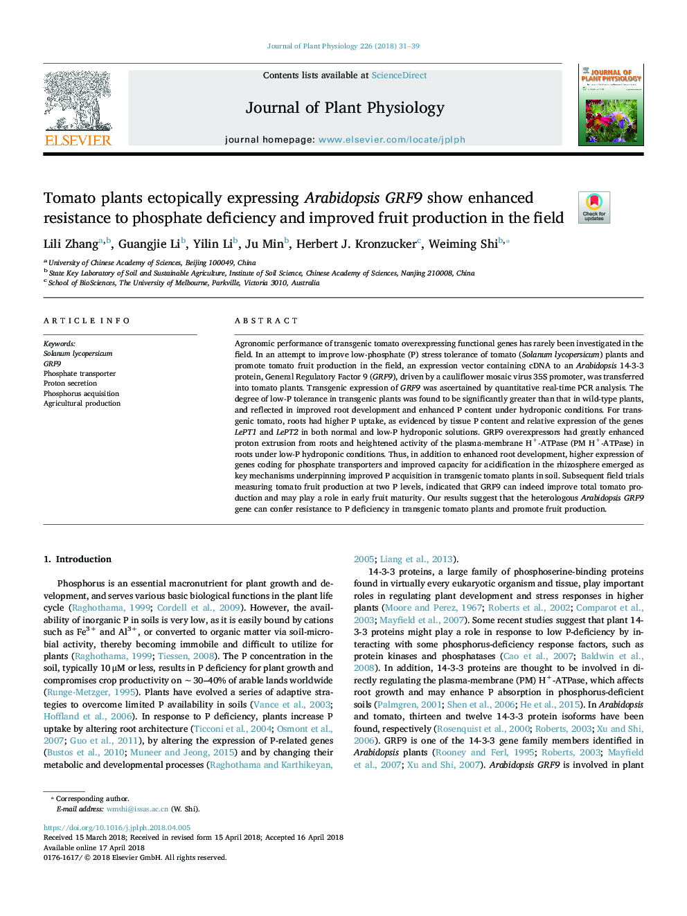 Tomato plants ectopically expressing Arabidopsis GRF9 show enhanced resistance to phosphate deficiency and improved fruit production in the field