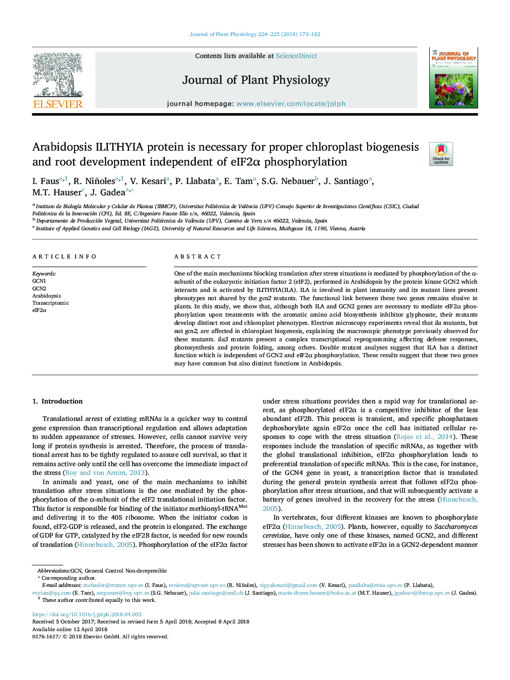 Arabidopsis ILITHYIA protein is necessary for proper chloroplast biogenesis and root development independent of eIF2Î± phosphorylation