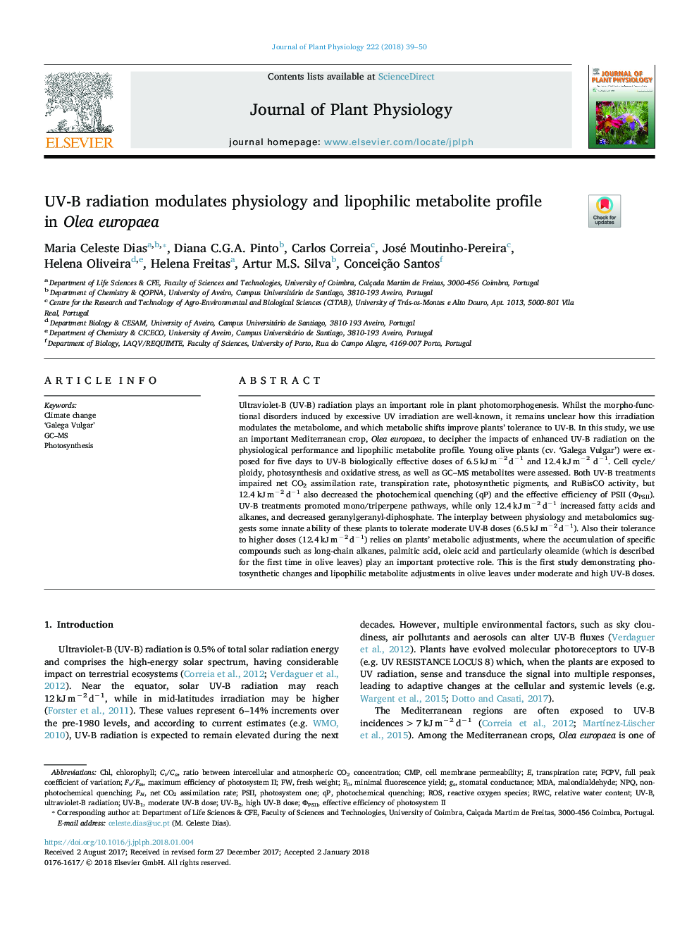 UV-B radiation modulates physiology and lipophilic metabolite profile in Olea europaea