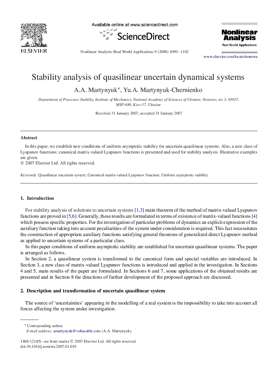 Stability analysis of quasilinear uncertain dynamical systems