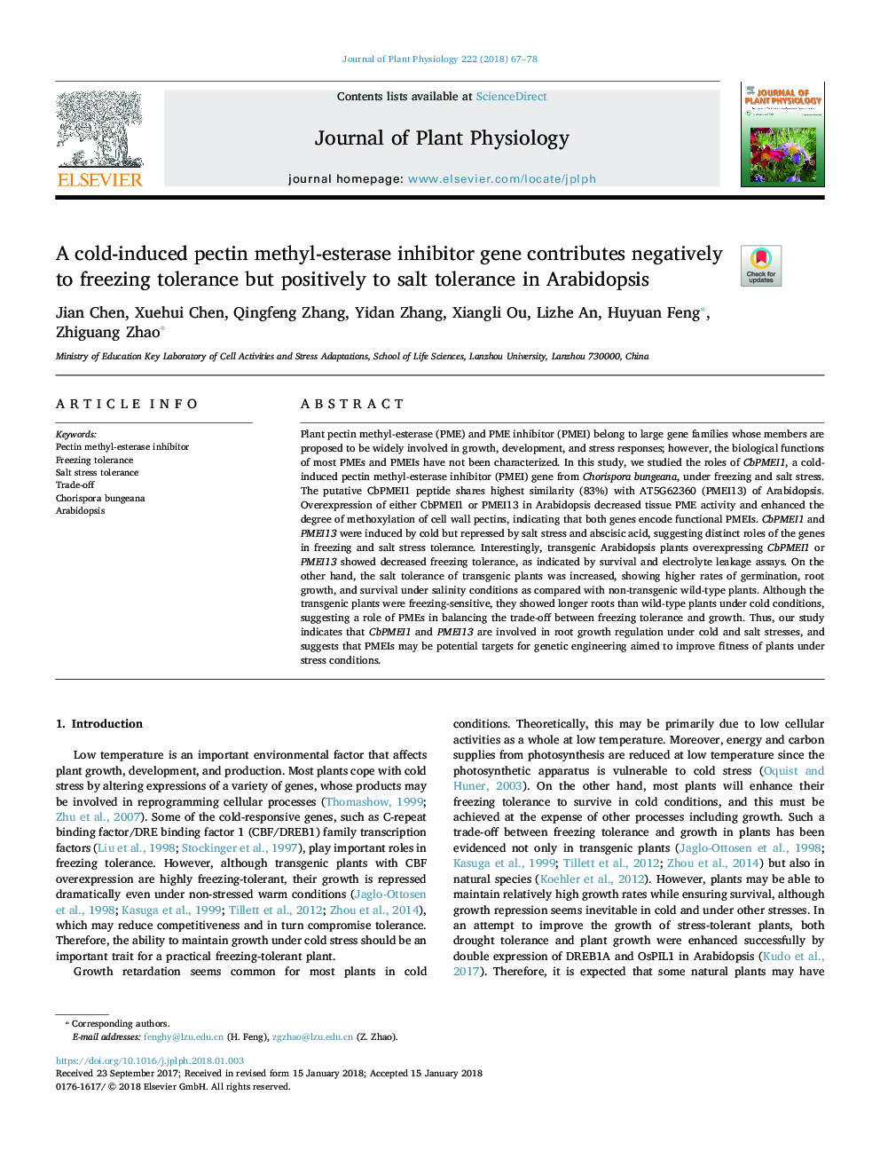 A cold-induced pectin methyl-esterase inhibitor gene contributes negatively to freezing tolerance but positively to salt tolerance in Arabidopsis